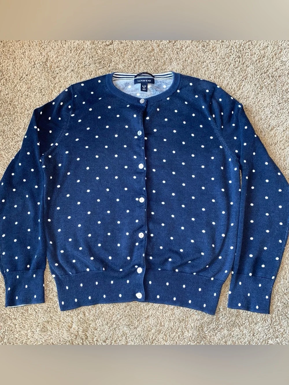 Lands End Cardigan Sweater Womens S Navy Polka Dot Supima Cotton Button Career